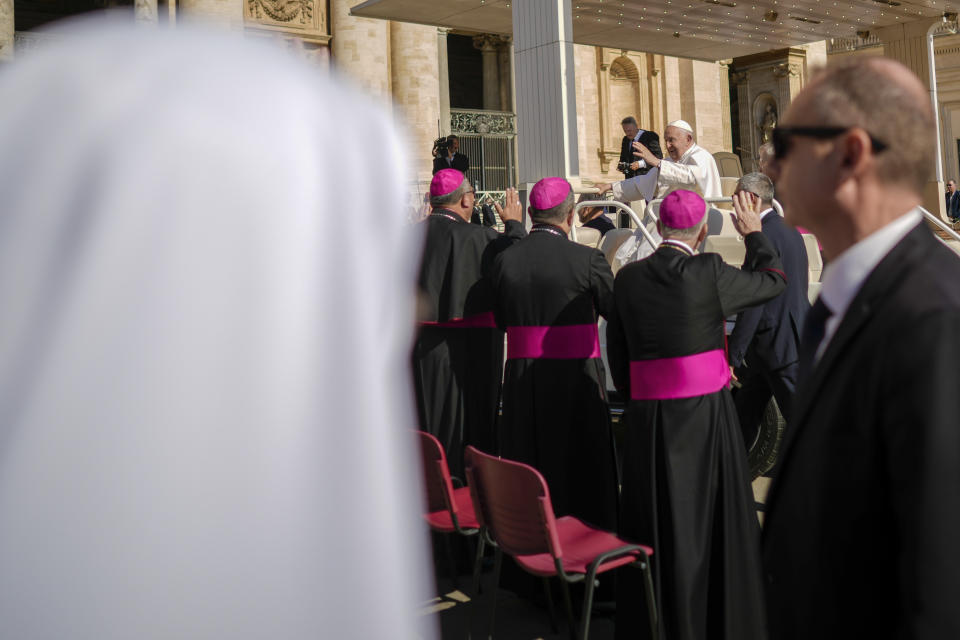 Pope Francis arrives for his weekly general audience in the St. Peter's Square at the Vatican, Wednesday, June 26, 2024. (AP Photo/Andrew Medichini)