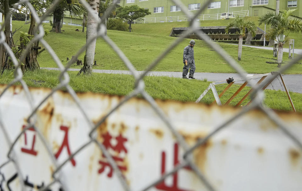 This shows Miyakojima sub base of the Japan Air Self-Defense Force in Miyakojima, Okinawa prefecture, southern Japan Wednesday, May 31, 2023. North Korea said its attempt to put the country’s first spy satellite into orbit failed Wednesday, an apparent embarrassment to leader Kim Jong Un over his push to boost his military capability in the protracted security tensions with the United States and South Korea. The Japanese, bottom, read "No Trespassing." (Kyodo News via AP)