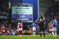 FILE - The display shows the VAR decision on a disallowed goal during the English Premier League soccer match between Everton and Arsenal at the Goodison Park stadium in Liverpool, England, Sept. 17, 2023. In England, according to figures given to rights-holder Sky Sports in February, 82% of refereeing decisions were deemed "correct" by the Premier League before VAR was adopted ahead of the 2019-20 season. Since VAR has been used, 96% of the decisions are correct, according to the league. (AP Photo/Jon Super, File)