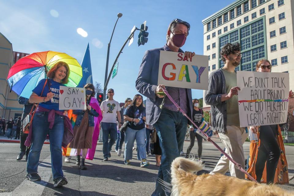 LGBTQ employees and their supporters walkout of Disney Animation protesting CEO Bob Chapek.