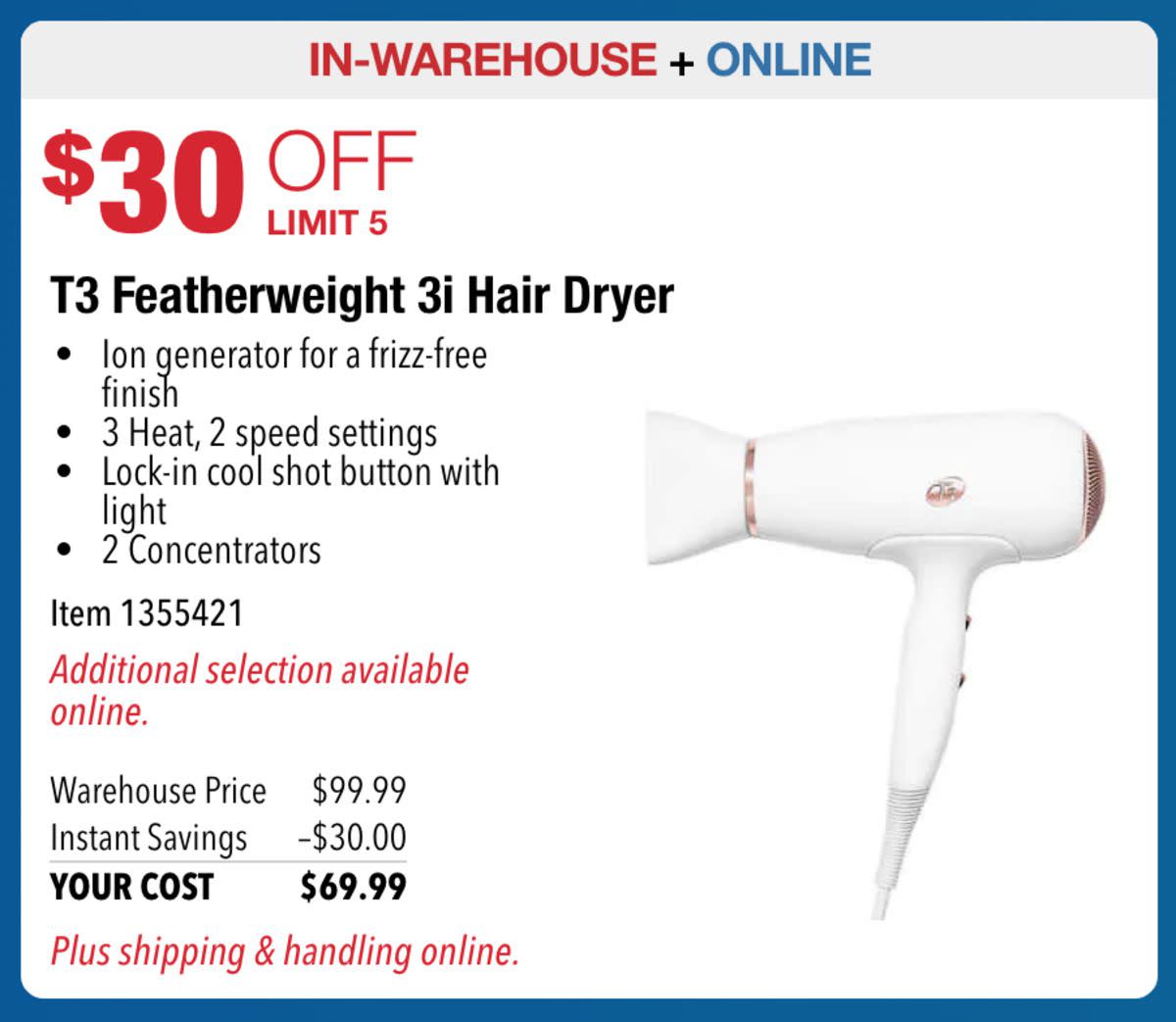 Costco website ad for both In-Warehouse and Online showing T3 Featherweight 3i Hair Dryer