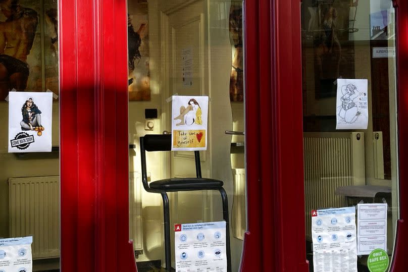 A chair inside of a sex-workers booth stands empty in Antwerp, 3 November 2020