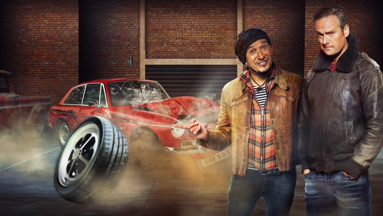  The Car S.O.S season 12 key art featuring  a beaten up car and presenters Fuzz Townshend and Tim Shaw (L-R). 