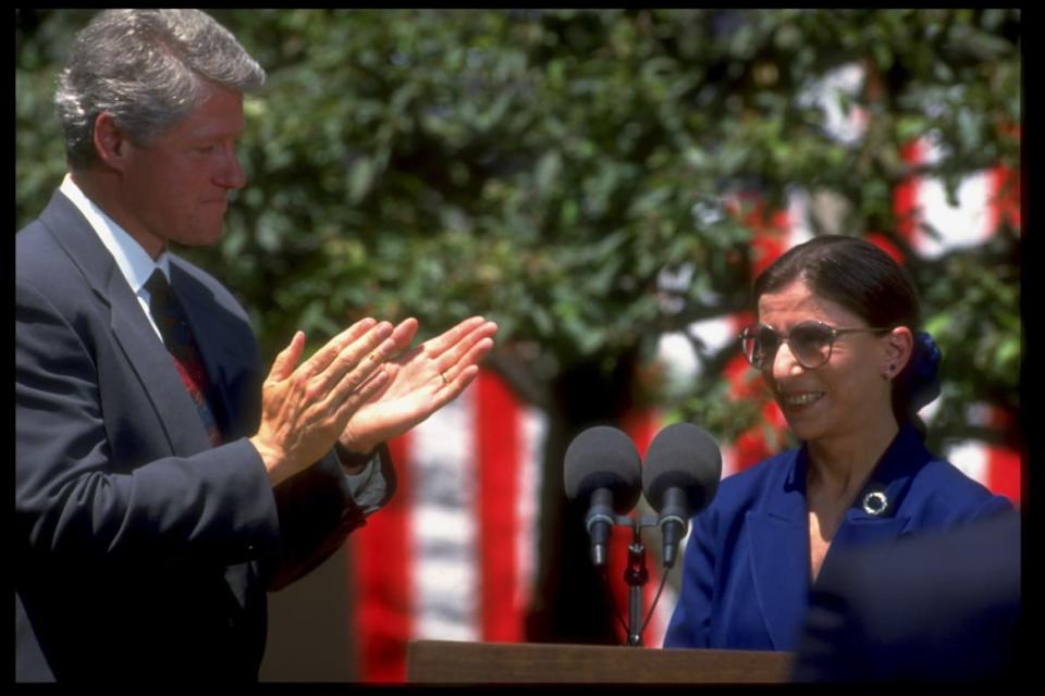 <div class="inline-image__caption"><p>Bill Clinton applauded Ruth Bader Ginsburg after her moving speech accepting the Supreme Court nomination on June 14, 1993. After Ginsburg died on Sept. 18, 2020, former First Lady Hillary Clinton tweeted, “Justice Ginsburg paved the way for so many women, including me. There will never be another like her. Thank you RBG.”</p></div> <div class="inline-image__credit">Dirck Halstead/Getty</div>