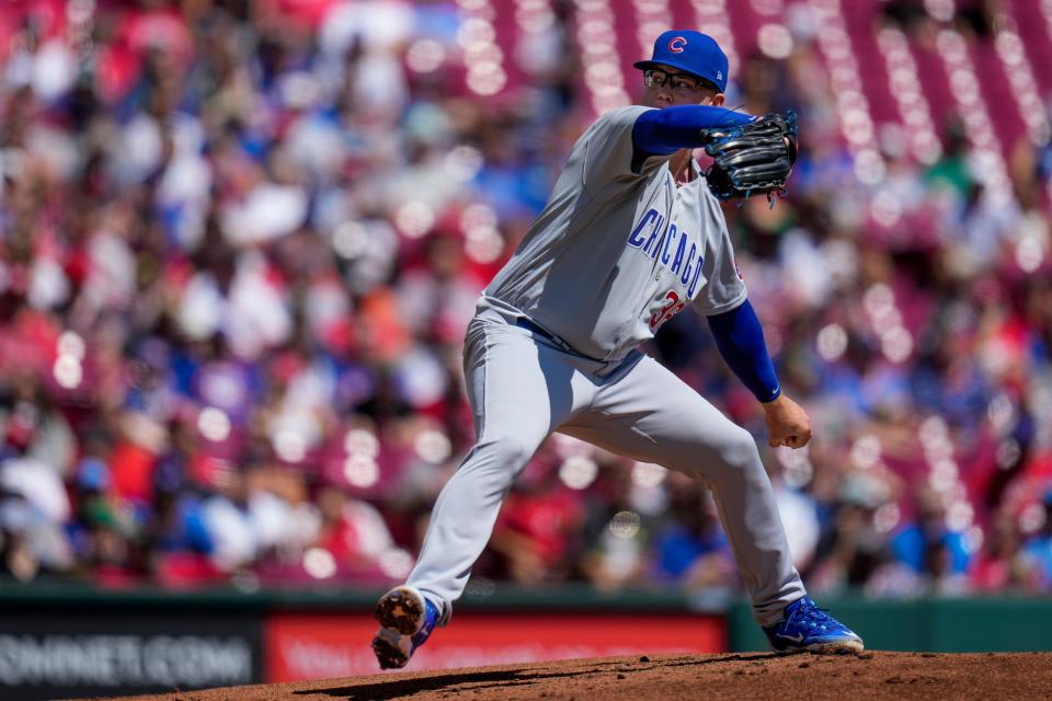 Chicago Cubs starting pitcher Jordan Wicks (36) throws a pitch in the first inning of an MLB National League game between the Cincinnati Reds and the Chicago Cubs at Great American Ball Park in downtown Cincinnati on Friday, Sept. 1, 2023.