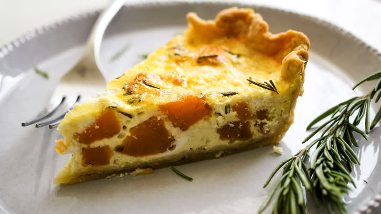 slice of butternut squash and goat cheese quiche