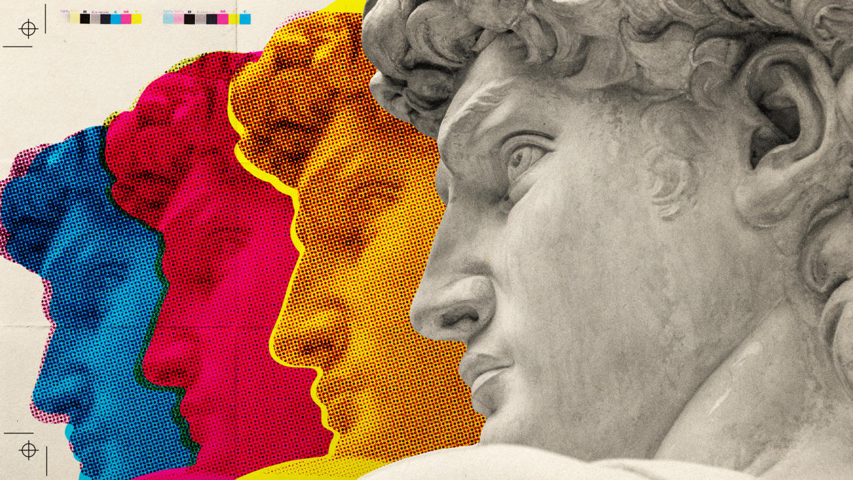  Photo collage of Michaelangelo's David, closely cropped on his face. In the background, pop-art style repeats of his face in bight colours stretch out into the distance. . 