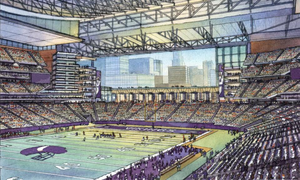 This artist's rendering provided Thursday, March 1, 2012, by the Minnesota Vikings football team shows an interior view of the proposed $975 million stadium for the team unveiled Thursday by Gov. Mark Dayton, political leaders and the Vikings. The plan would put the new building nearly on top of the current Metrodome site. (AP Photo/Minnesota Vikings)