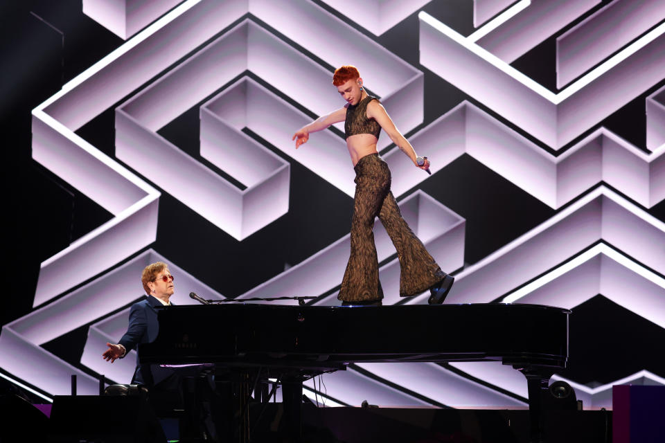 LONDON, ENGLAND - MAY 11:  Sir Elton John and Olly Alexander perform during The BRIT Awards 2021 at The O2 Arena on May 11, 2021 in London, England. (Photo by JMEnternational/JMEnternational for BRIT Awards/Getty Images)