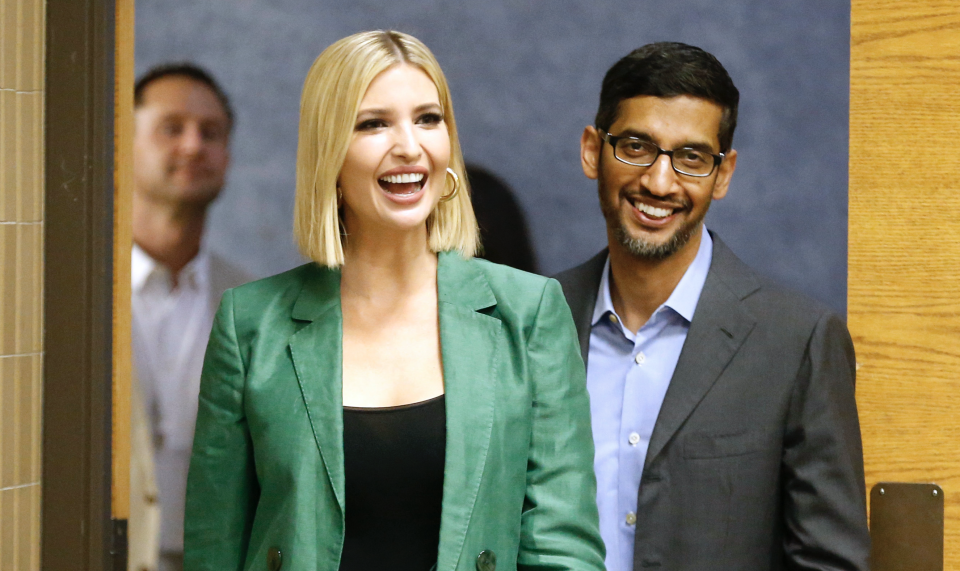 White House advisor Ivanka Trump and the CEO of Google, Sundar Pichai, arrive for a roundtable discussion focusing on assisting American workers for the changing economy at El Centro community college on October 3, 2019 in Dallas, Texas. (Photo: Ron Jenkins/Getty Images)