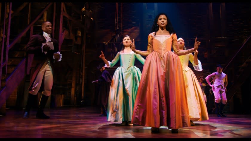 Renee Elise Goldsberry, center, performs the standout song "Satisfied" in "Hamilton."
