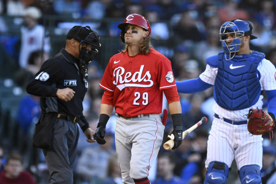 Cincinnati Reds' TJ Friedi (29) reacts after striking out during the seventh inning of a baseball game against the Chicago Cubs, Sunday, Oct. 2, 2022, in Chicago. (AP Photo/Paul Beaty)