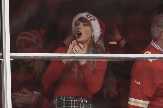 <p>AP Photo/Charlie Riedel</p> Taylor Swift is seen in a suite before the start of an NFL football game between the Kansas City Chiefs and the Las Vegas Raiders Monday, Dec. 25, 2023, in Kansas City, Mo