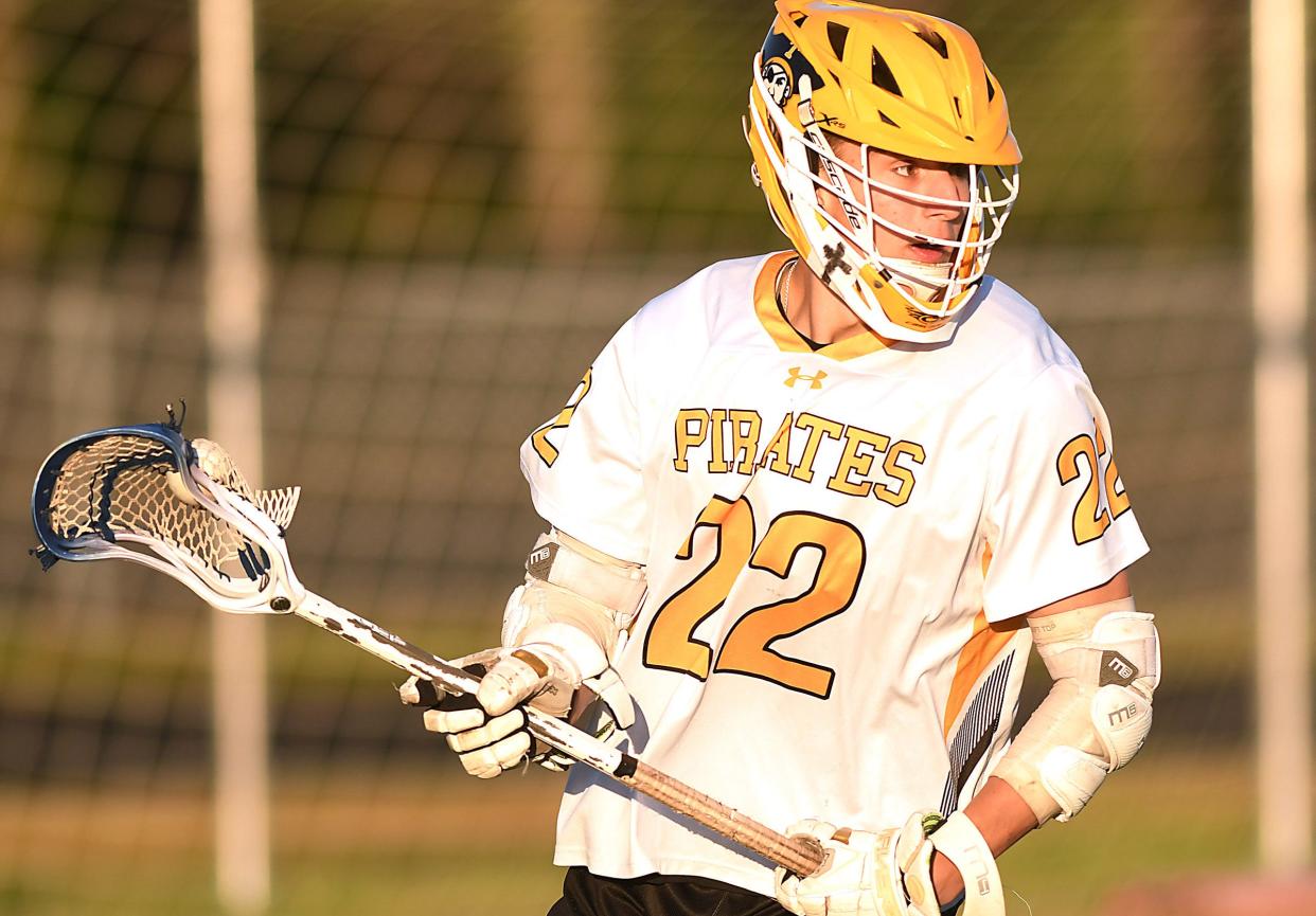 Topsail's #22 Zion Lee drives to the goal as Topsail took on New Hanover in boys Lacrosse Tuesday April 23, 2024. Topsail won 18-0. KEN BLEVINS/STARNEWS