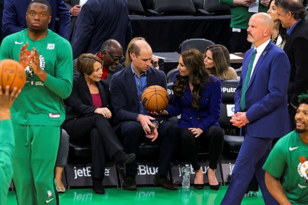 PHOTO: Governor-elect Maura Healey, Britain's Prince William, and Catherine, Princess of Wales attend the NBA game between the Boston Celtics and the Miami Heat, at TD Garden in Boston, Nov. 30, 2022.  (Brian Snyder/Reuters)