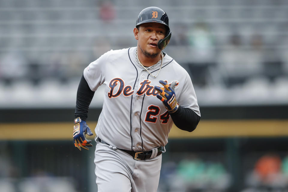 Detroit Tigers' Miguel Cabrera rounds the bases after hitting a solo home run off of Chicago White Sox's Reynaldo Lopez during the first inning of game one of a baseball doubleheader, Saturday, Sept. 28, 2019, in Chicago. (AP Photo/Kamil Krzaczynski)