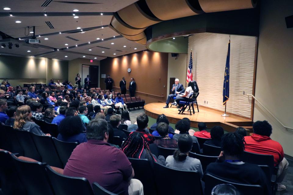 Former Vice President Mike Pence talks to high school students at Career Academy charter school during a visit on Thursday, May 25, 2023.