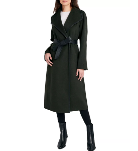 Tahari Women's Faux-Leather-Trim Belted Wrap Coat