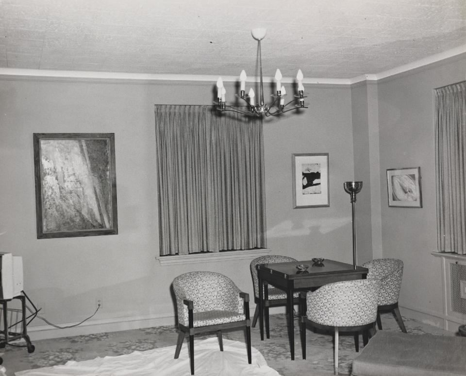 This Nov. 21, 1963 photo provided by the Amon Carter Museum of American Art Archives, shows the living area of Suite 850 at the Hotel Texas, in Fort Worth, Texas. An exhibit opening next year at the Dallas Museum of Art will feature almost all of the works of art gathered from museums and prominent Fort Worth citizens for the hotel suite John F. Kennedy and first lady Jacqueline Kennedy stayed in the night before he was assassinated. (AP Photo/ Amon Carter Museum of American Art Archives, Byron Scott)