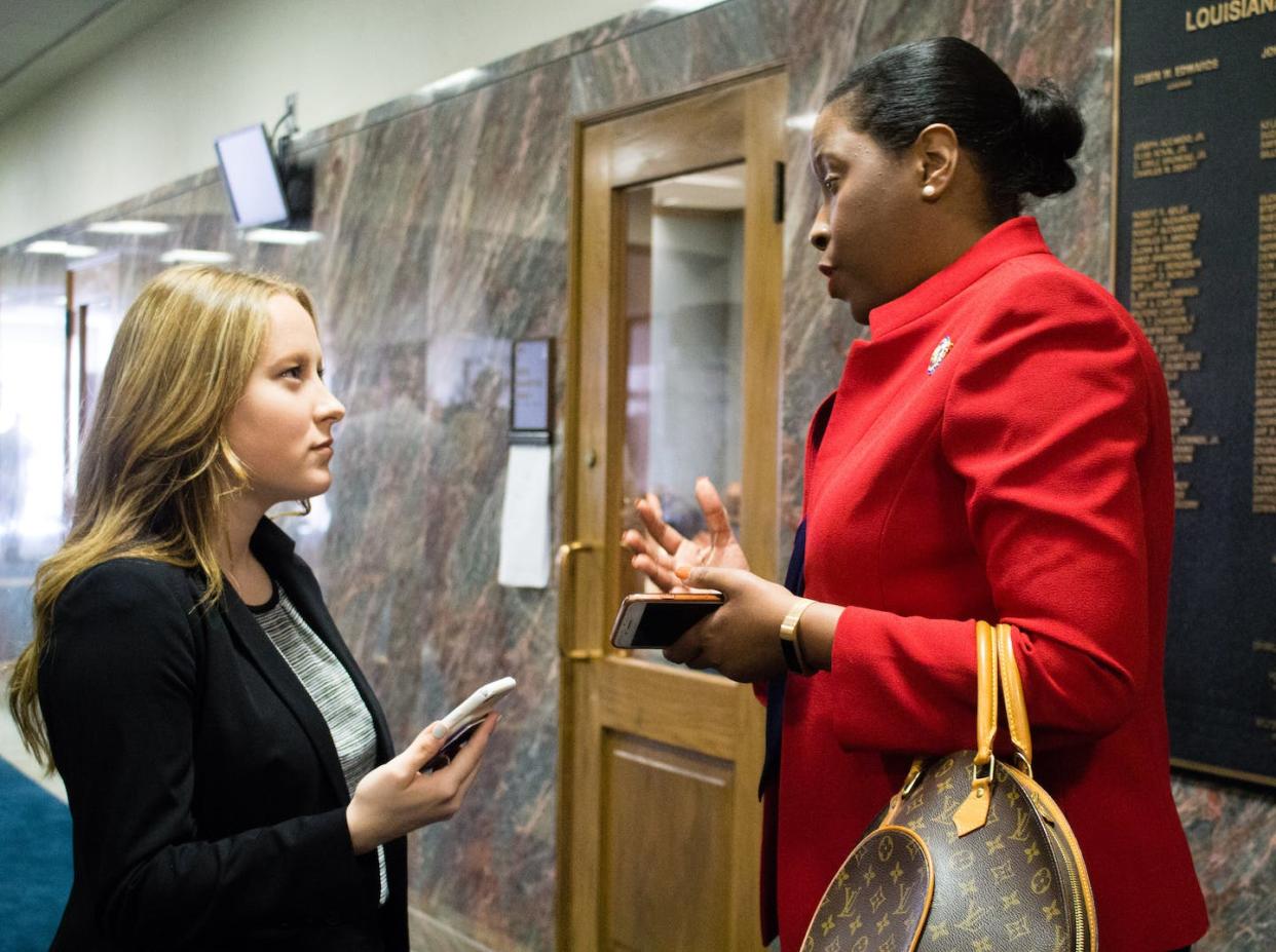 Devon Sanders, a statehouse reporter and student at the Lousiana State University Manship School of Mass Communication, interviewed State Rep. Katrina Jackson in 2018. Richard Watts, <a href="http://creativecommons.org/licenses/by-nd/4.0/" rel="nofollow noopener" target="_blank" data-ylk="slk:CC BY-ND;elm:context_link;itc:0;sec:content-canvas" class="link ">CC BY-ND</a>