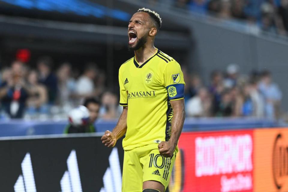 May 20, 2023; Charlotte, North Carolina, USA; Nashville SC midfielder Hany Mukhtar (10) celebrates his goal scored in extra time against Charlotte FC to win the game 2-1 at Bank of America Stadium. Mandatory Credit: Griffin Zetterberg-USA TODAY Sports