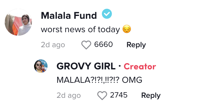 A screenshot of the Malala Fund's comment.