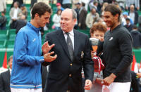 Tennis - Monte Carlo Masters - Monaco - 23/04/17 - Prince Albert II of Monaco poses with Rafael Nadal of Spain and his compatriot Albert Ramos-Vinolas. REUTERS/Eric Gaillard