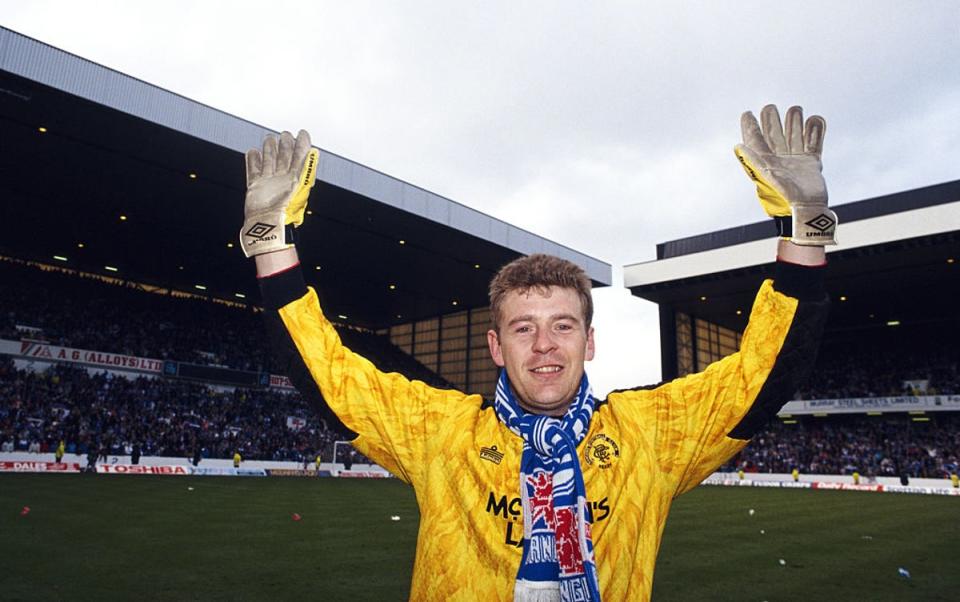 Andy Goram celebrates after Rangers land the 1991/92 Scottish Premier Division title at Ibrox on 18 April 1992 (Getty)