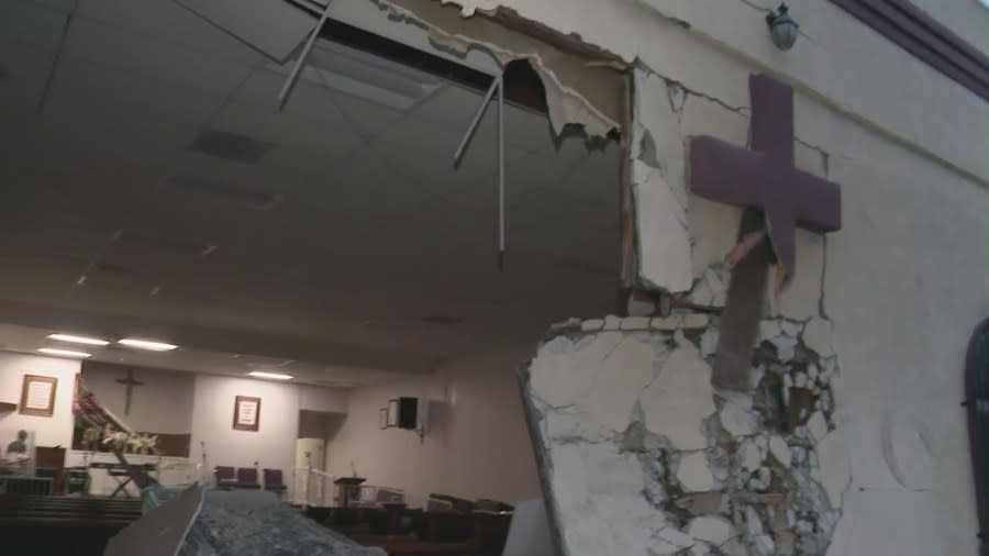A church in South Los Angeles was damaged for the fourth time by a crash on May 4, 2024. (KTLA)