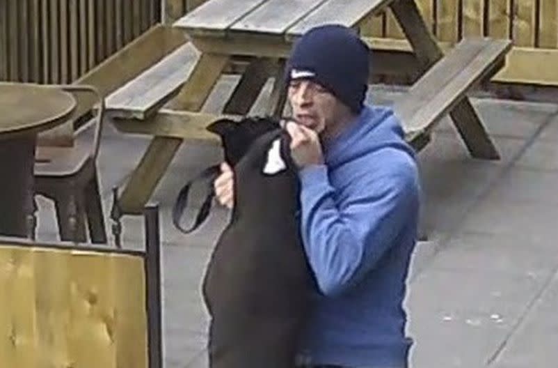 Police are trying to trace a man who was seen punching and kicking a dog in a pub beer garden (Dorset Police)