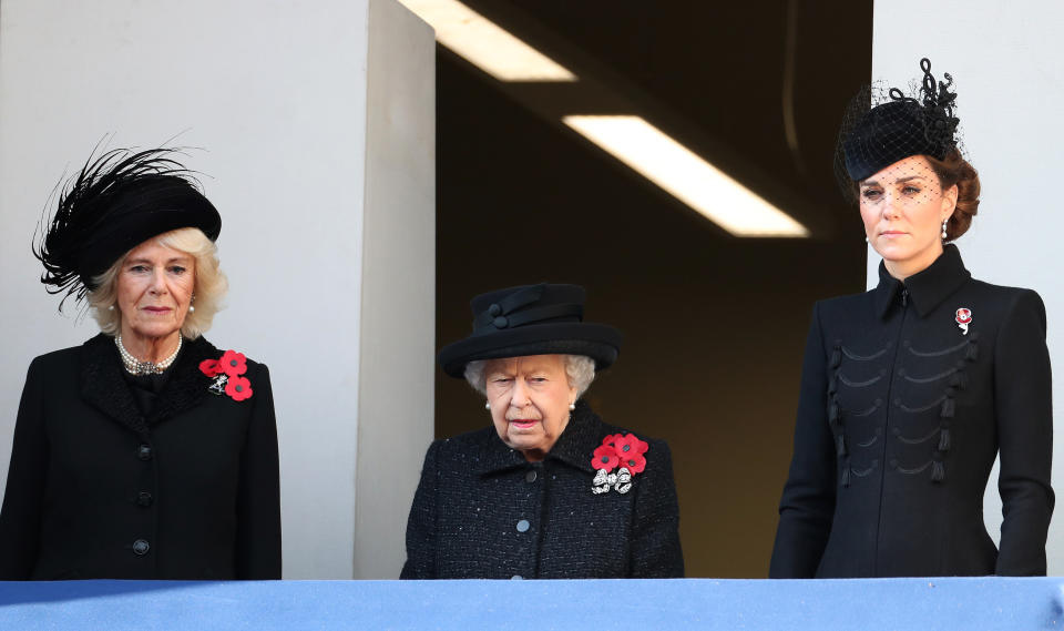 Camilla, Duchess of Cornwall also joined the monarch and the Duchess of Cambridge for the annual memorial to mark the signing of the 1918 Armistice which ended the First World War 