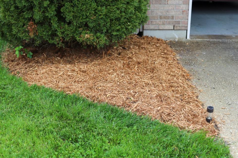 Mulch lining the side of a grey, brick home. 