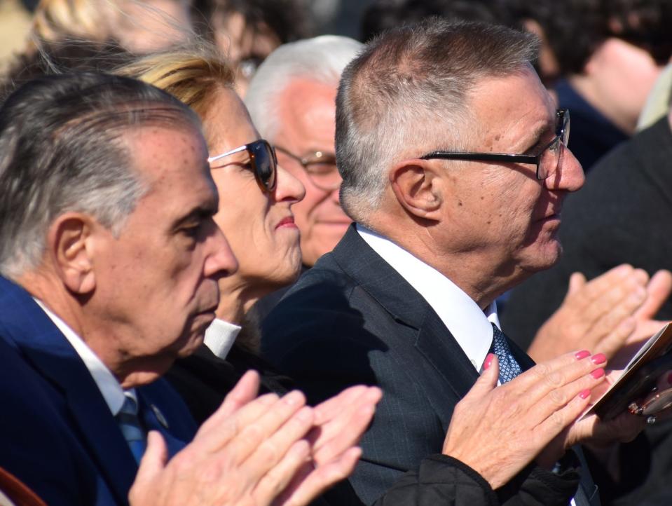 Representatives Alan Silvia, Carole Fiola and Senator Michael Rodrigues applaud at the groundbreaking for the new Diman Regional Vocational Technical High School in Fall River Friday, Nov. 3, 2023.