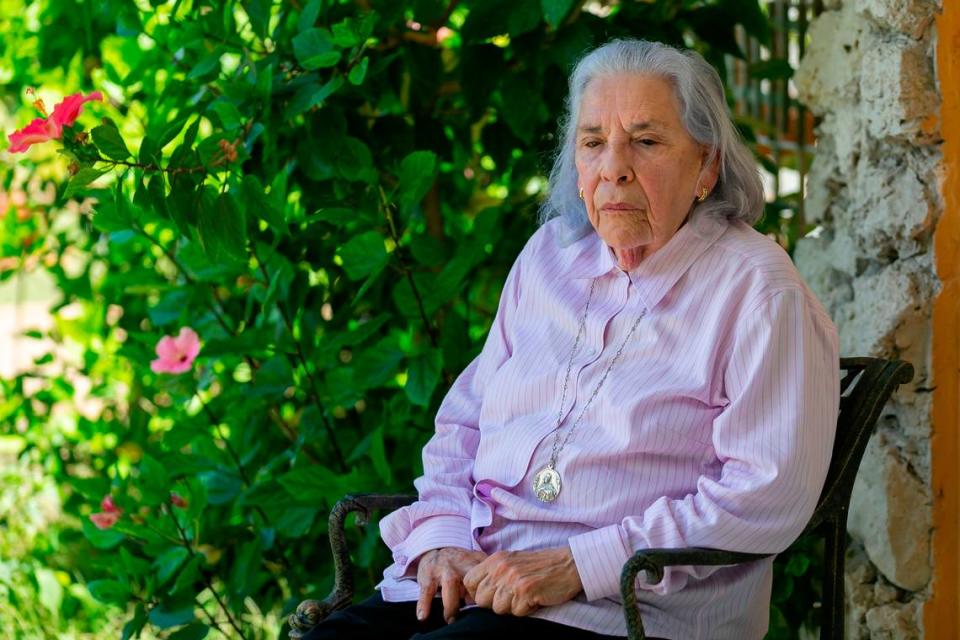 Ana Lazara Rodriguez, 82, sits outside of her home before holding a press conference in Miami, Florida on Thursday, May 6, 2021.