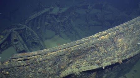 What researchers believe to be an inverted type 89, 12.7 centimeter gun turret, is seen on the sunken Japanese warship Musashi, one of the largest battleships ever built, in an undated handout image from a team led by Microsoft co-founder Paul Allen off the coast of the Philippines in the Sibuyan Sea released March 4, 2015. REUTERS/Paul G. Allen/Handout via Reuters
