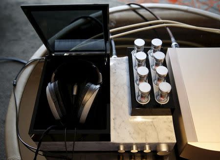 A test unit of the Sennheiser HE 1 sound system, which is expected to retail for about S$77370 ($55000), sits in a hotel suite during the CanJam headphone and personal audio expo in Singapore February 21, 2016. REUTERS/Edgar Su