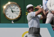 Bryson DeChambeau of the United States follows his tee off at the tenth hole during the second round for the WGC-Mexico Championship golf tournament, at the Chapultepec Golf Club in Mexico City, Friday, Feb. 21, 2020. (AP Photo/Fernando Llano)