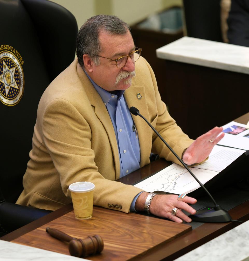 Rep. Mark McBride, R-Moore, chairman of the House Appropriations and Budget Education Subcommittee, speaks Jan. 24, 2023, at the state Capitol.