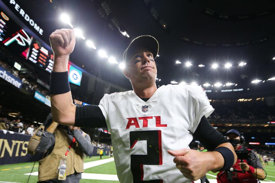 Matt Ryan #2 of the Atlanta Falcons reacts after a win over the New Orleans Saints at Caesars Superdome on November 07, 2021 in New Orleans, Louisiana.