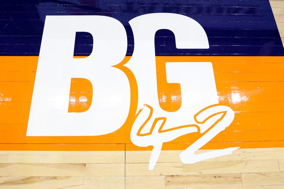 A detailed view of the decal honoring Brittney Griner before the game between the Phoenix Mercury and the Las Vegas Aces at Footprint Center on May 06, 2022 in Phoenix, Arizona.