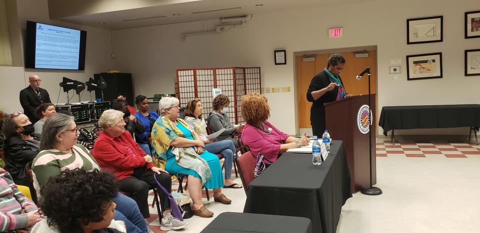 Carmela McKellar-Smith speaks against the review of books in Cumberland County Schools, during the public forum for the country Board of Education on Tuesday, Feb. 14, 2023. The meeting was held at the Educational Resource Center on Elementary Drive in Fayetteville, NC.