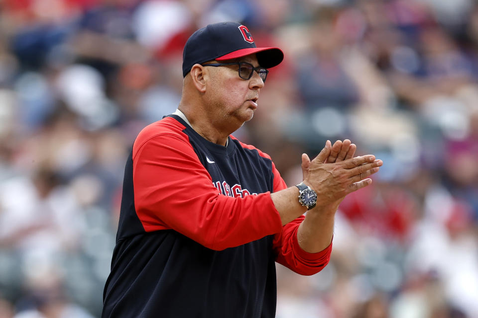 Cleveland Guardians manager Terry Francona walks to the mound to make a pitching change during the eighth inning of the team's baseball game against the Oakland Athletics, Saturday, June 11, 2022, in Cleveland. (AP Photo/Ron Schwane)