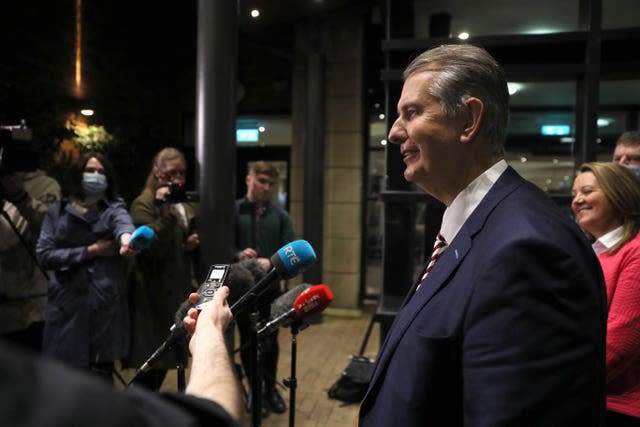 Edwin Poots speaks to the media, after leaving the Crowne Plaza Hotel, Belfast on the evening he was ratified as the new DUP leader