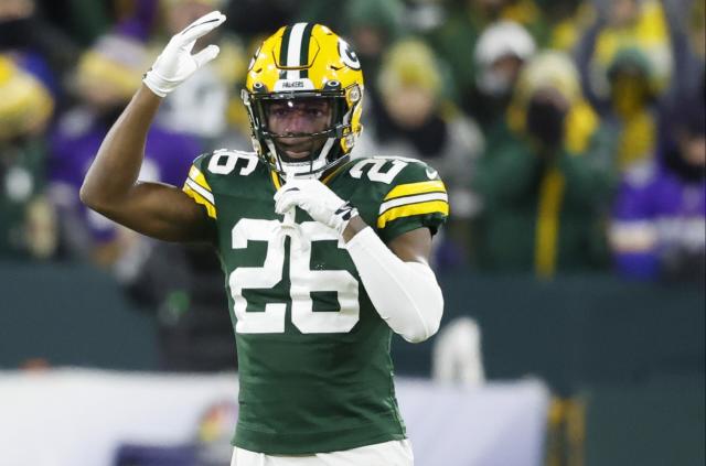 ASHWAUBENON, WI - JULY 31: Green Bay Packers safety Darnell Savage Jr.,  (26) laughs during 2021 Training Camp at Ray Nitschke Field on July 31,  2021 in Ashwaubenon, WI. (Photo by Larry