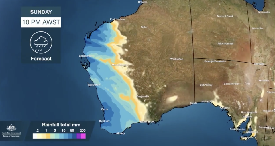 A weather map shows rainfall across Western Australia up until 10pm Sunday.