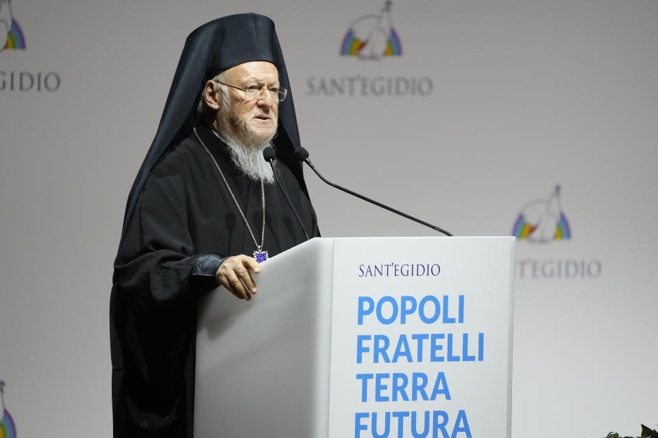 FILE - In this Oct. 6, 2021 file photo, Ecumenical Patriarch of Constantinople Bartholomew I delivers his speech at the interreligious meeting 'Brother peoples, future land" organized by the Sant'Egidio Community at 'La Nuvola' (the cloud) convention center in Rome. The spiritual leader of the world’s 200 million Eastern Orthodox Christians brings an agenda spanning political, environmental and religious concerns to a 12-day U.S. visit beginning Saturday, Oct. 23. (AP Photo/Gregorio Borgia, File)