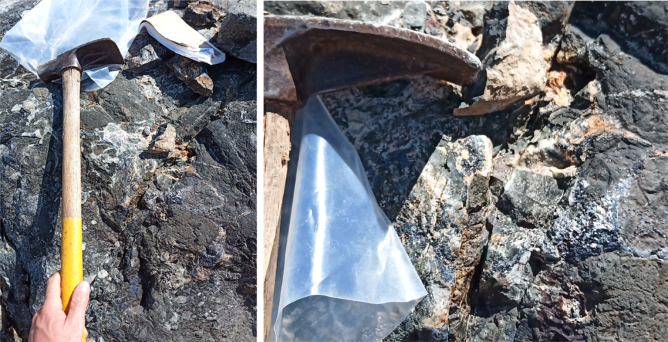 Mineralization north of Whiting Creek. Left: outcrop of quartz veined and siliceous-pyritic volcanic rock sample 996307 (6.25 g/t gold, 35.7 g/t silver). Right: close up of sample 996307 showing quartz veinlets and fine disseminated pyrite and magnetite.