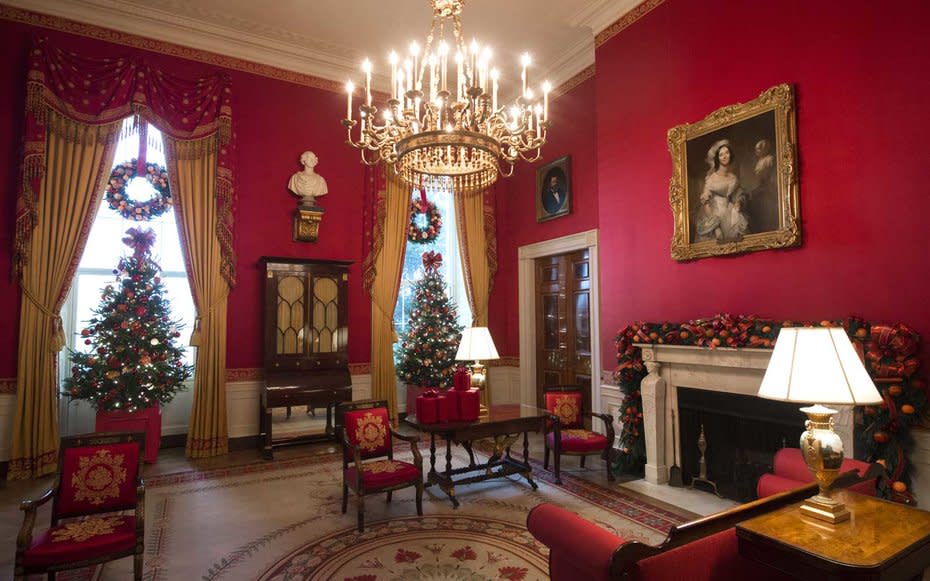 The Red Room includes trees and wreaths that add to the theme.