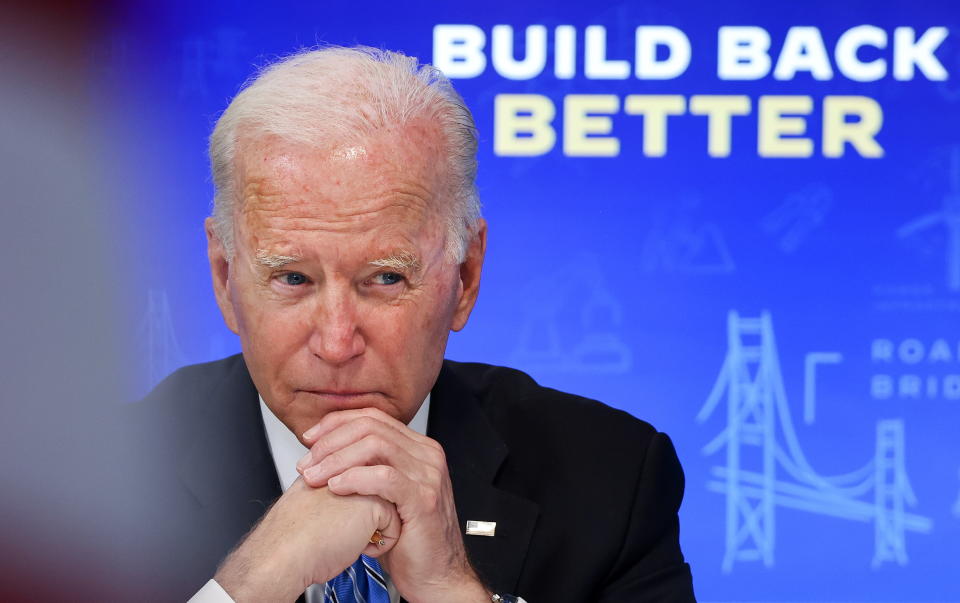 U.S. President Joe Biden meets virtually with governors, mayors, and other state and local elected officials to discuss the bipartisan Infrastructure Investment and Jobs Act, in the South Court Auditorium at the White House in Washington, U.S., August 11, 2021. REUTERS/Evelyn Hockstein