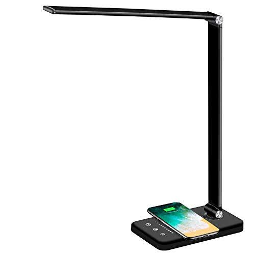 AFROG Multifunctional LED Desk Lamp with Wireless Charger, USB Charging Port, 5 Lighting Modes,5 Brightness Levels, Sensitive Control, 30/60 min Auto Timer, Eye-Caring Office Lamp with Adapter